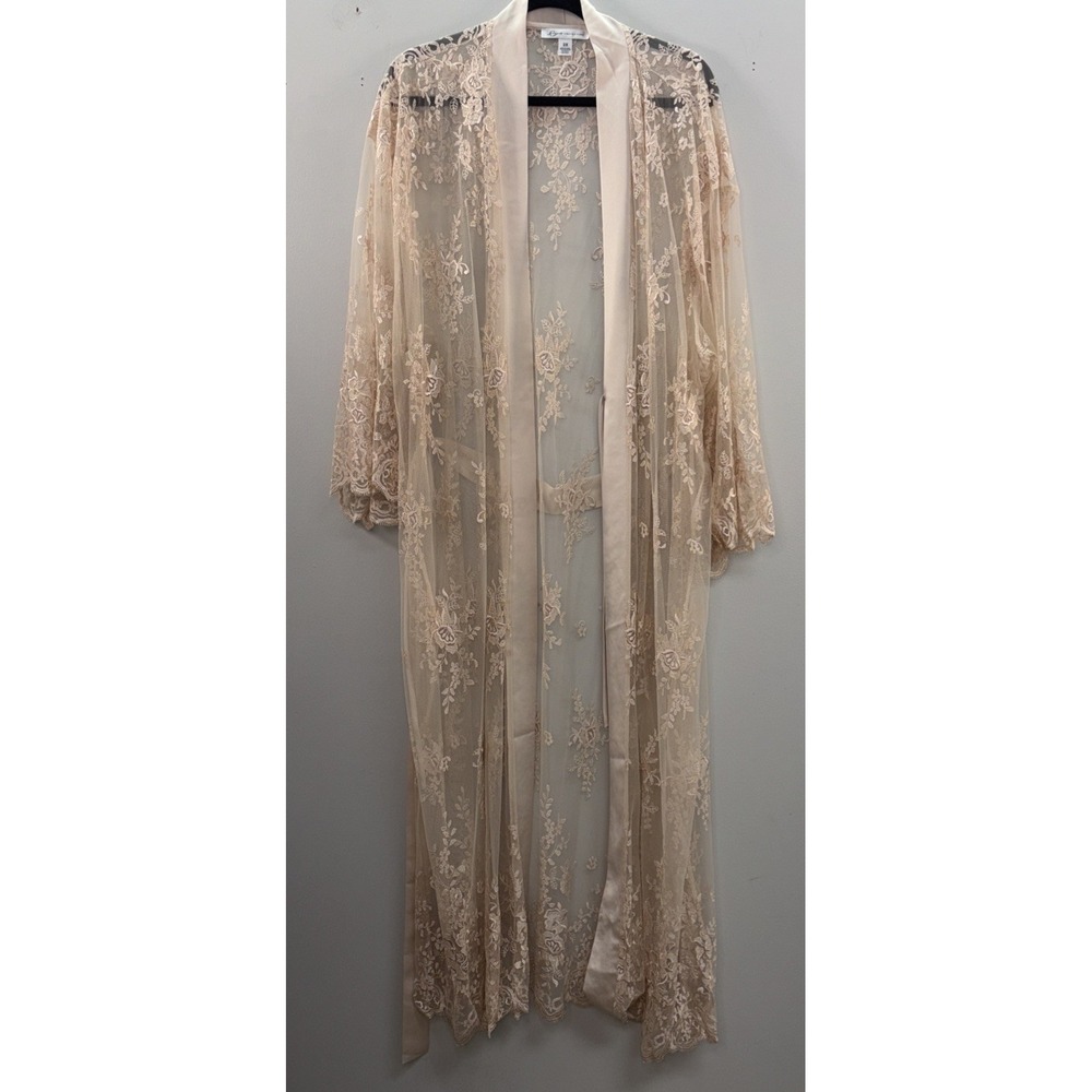 Rya Collection Womens 2X Darling Long Robe Sheer Floral Embroidered Champagne